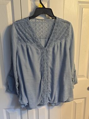 Source Unknown Powder Blue Embroidered V-Neck Blouse